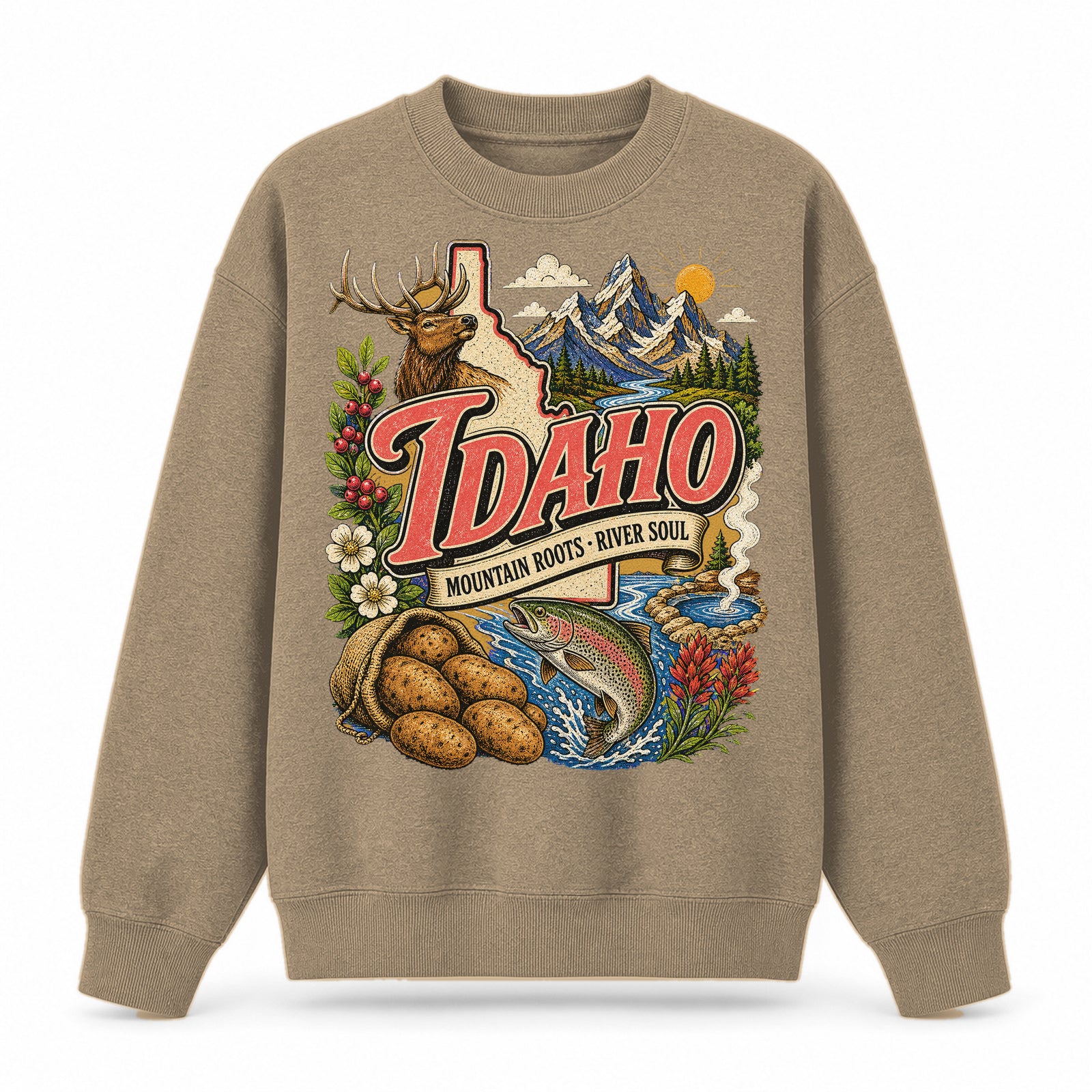 Colorful Idaho State Collage Crewneck Sweatshirt in Khaki, front view on a white background