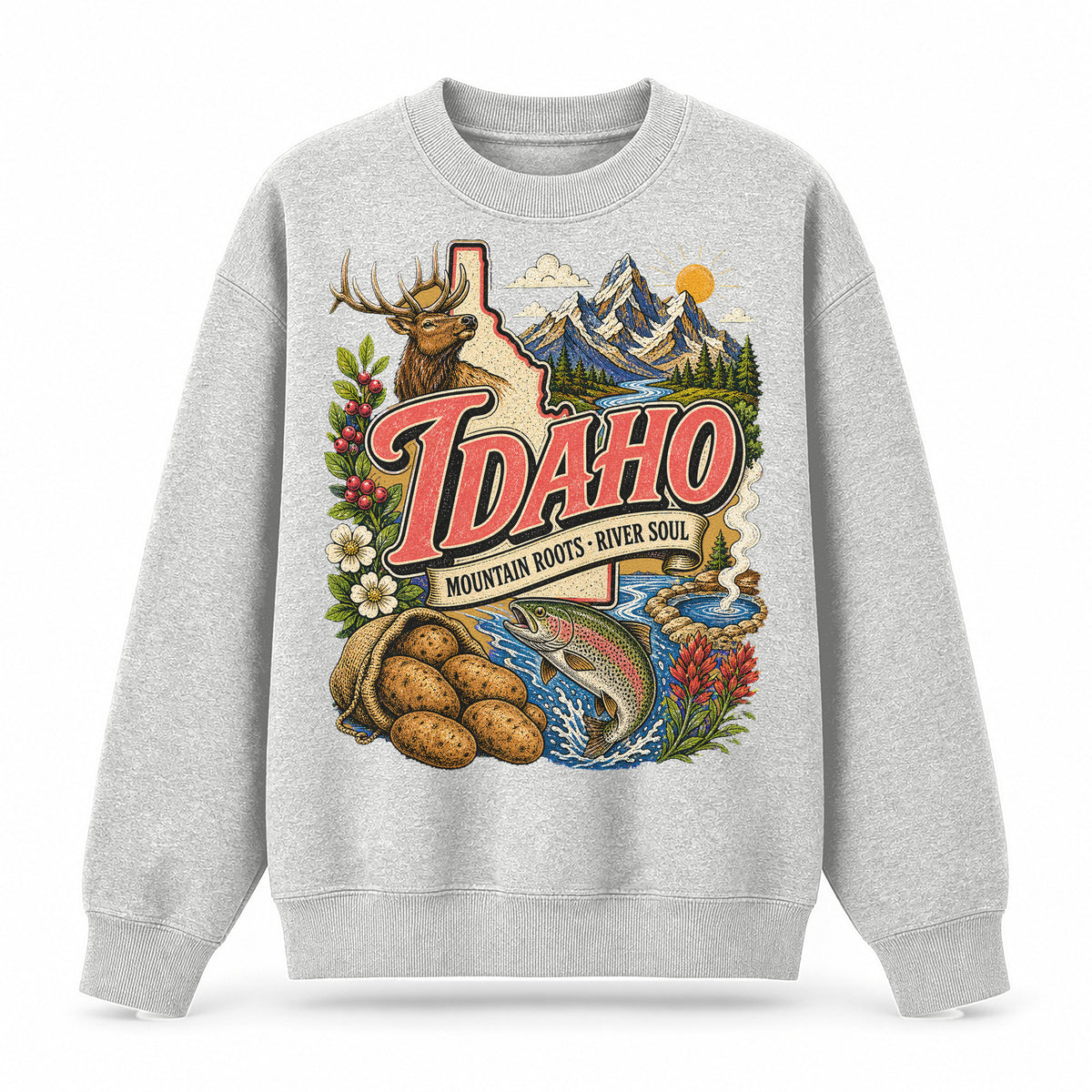 Colorful Idaho State Collage Crewneck Sweatshirt in Light Gray, front view on a white background