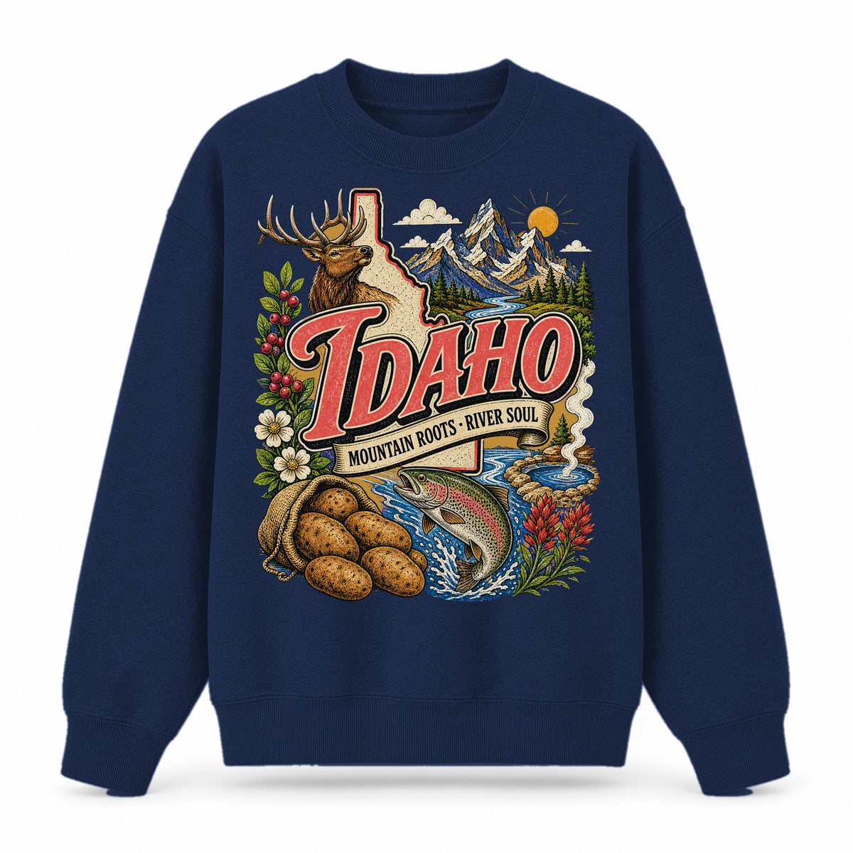 Colorful Idaho State Collage Crewneck Sweatshirt in Navy, front view on a white background