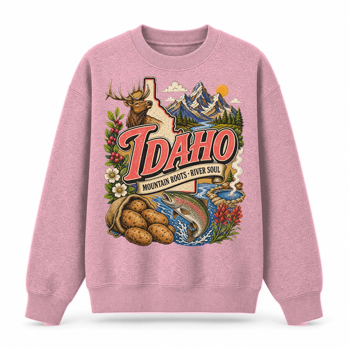 Colorful Idaho State Collage Crewneck Sweatshirt in Pink, front view on a white background