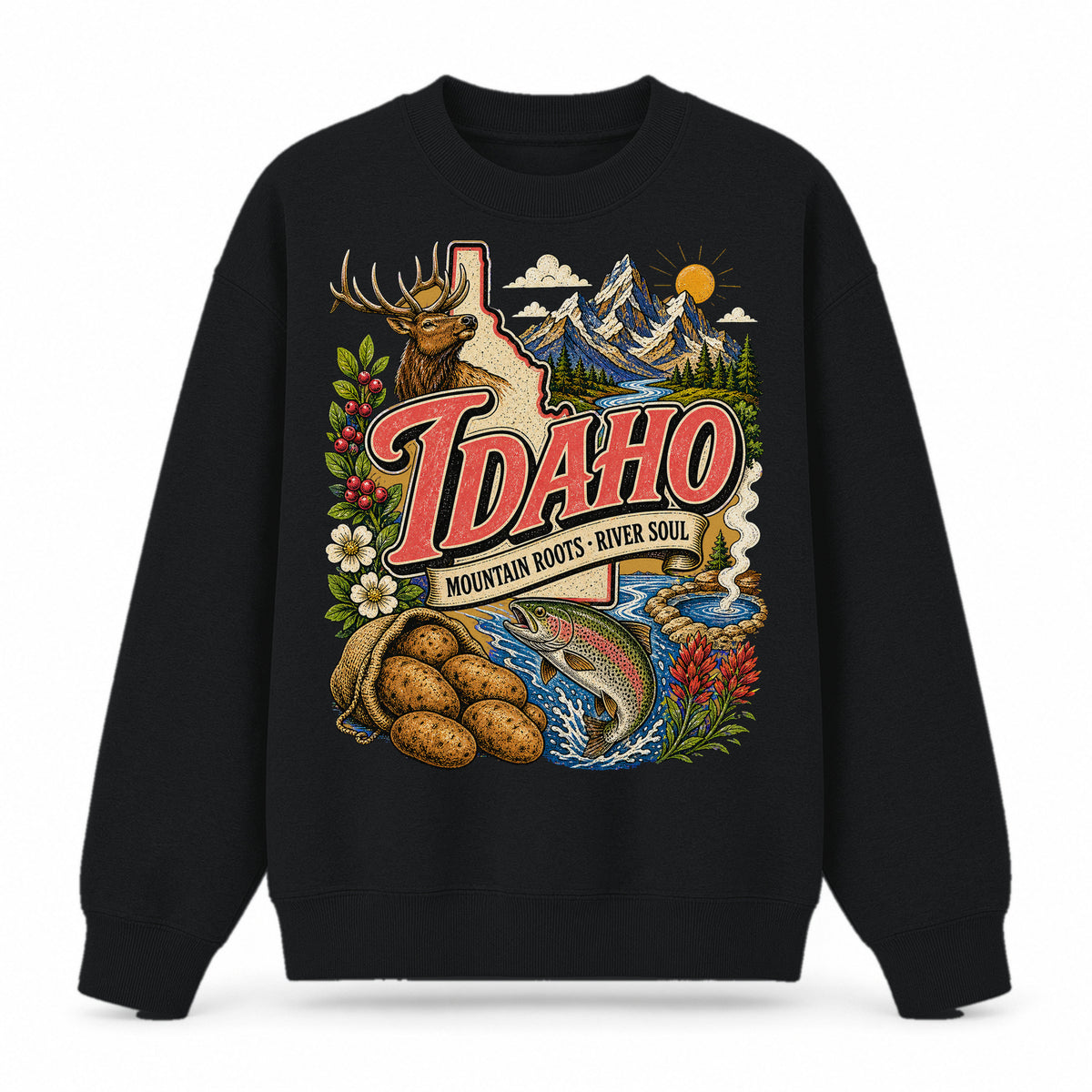 Colorful Idaho State Collage Crewneck Sweatshirt in Black, front view on a white background