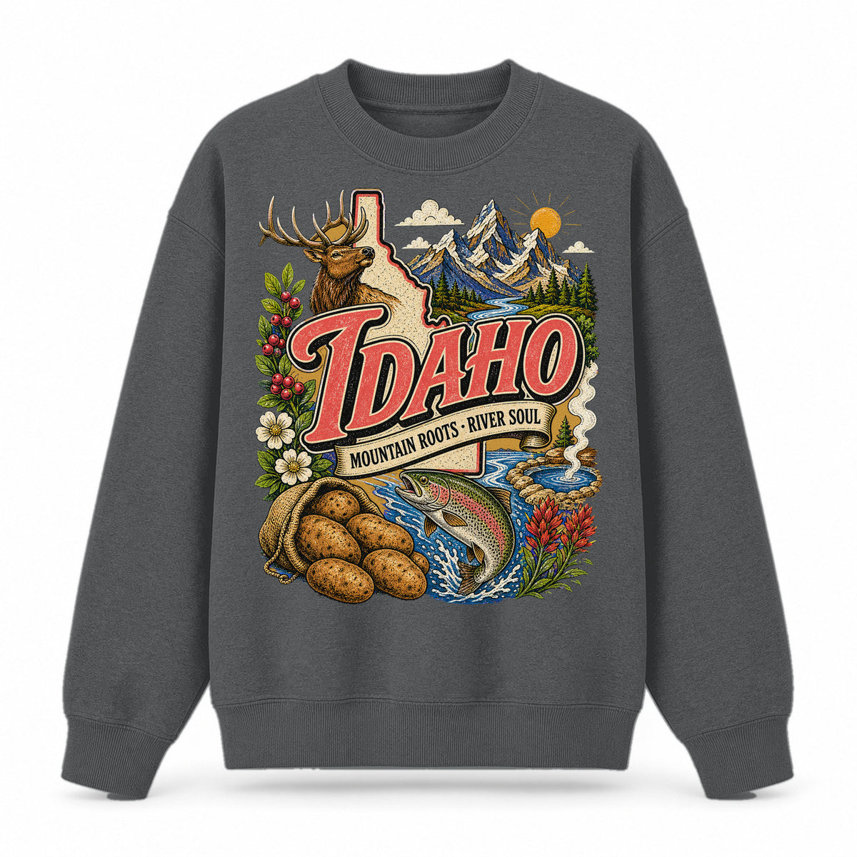 Colorful Idaho State Collage Crewneck Sweatshirt in Dark Gray, front view on a white background