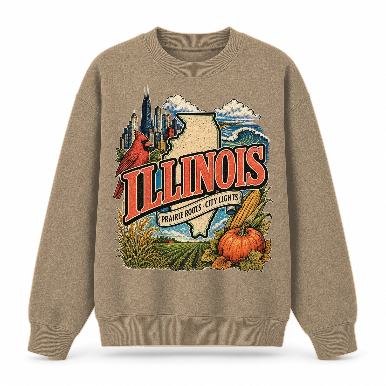 Colorful Illinois State Collage Crewneck Sweatshirt in Khaki, front view on a white background