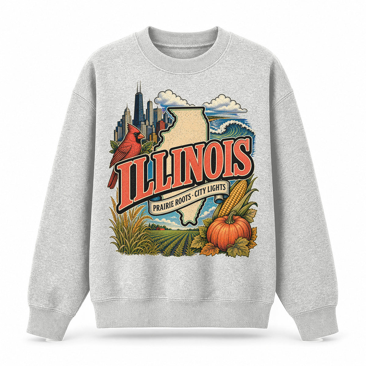 Colorful Illinois State Collage Crewneck Sweatshirt in Light Gray, front view on a white background