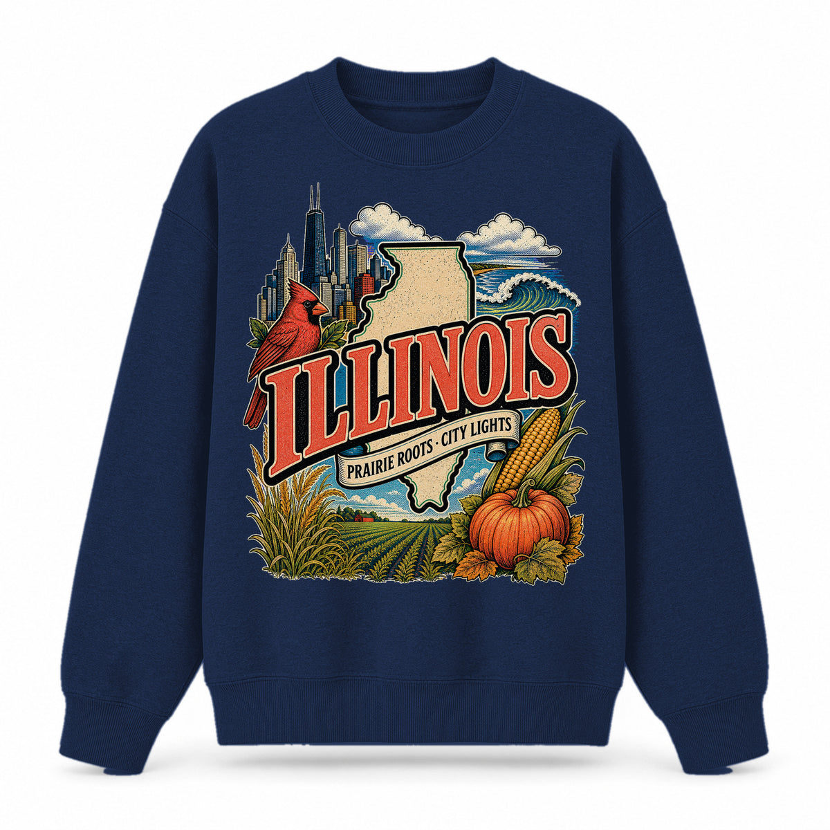 Colorful Illinois State Collage Crewneck Sweatshirt in Navy, front view on a white background