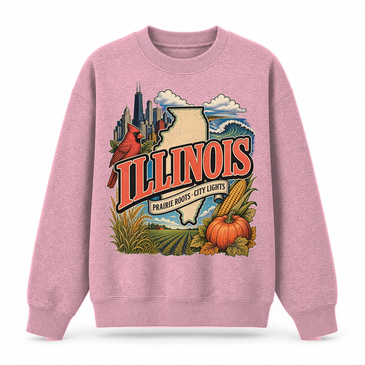 Colorful Illinois State Collage Crewneck Sweatshirt in Pink, front view on a white background