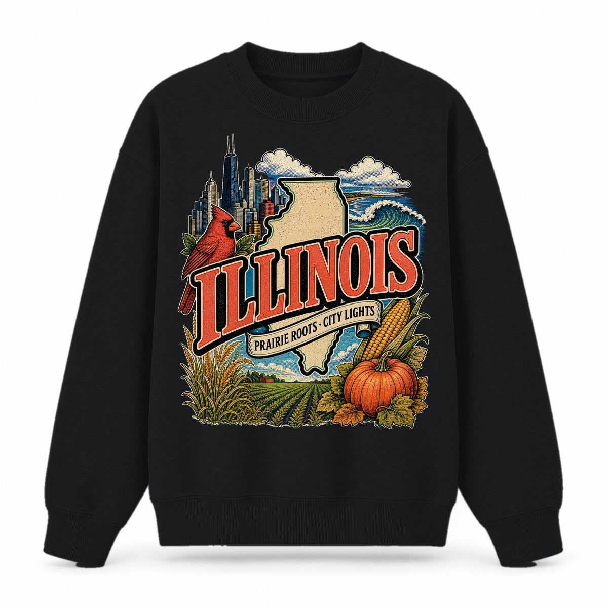 Colorful Illinois State Collage Crewneck Sweatshirt in Black, front view on a white background