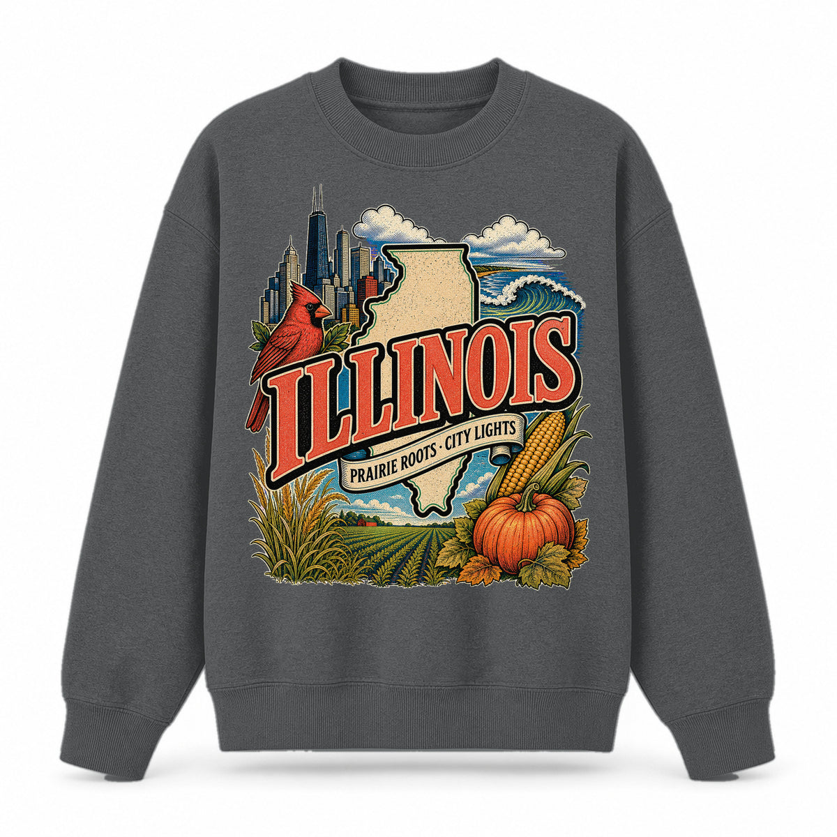 Colorful Illinois State Collage Crewneck Sweatshirt in Dark Gray, front view on a white background
