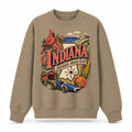 Colorful Indiana State Collage Crewneck Sweatshirt in Khaki, front view on a white background