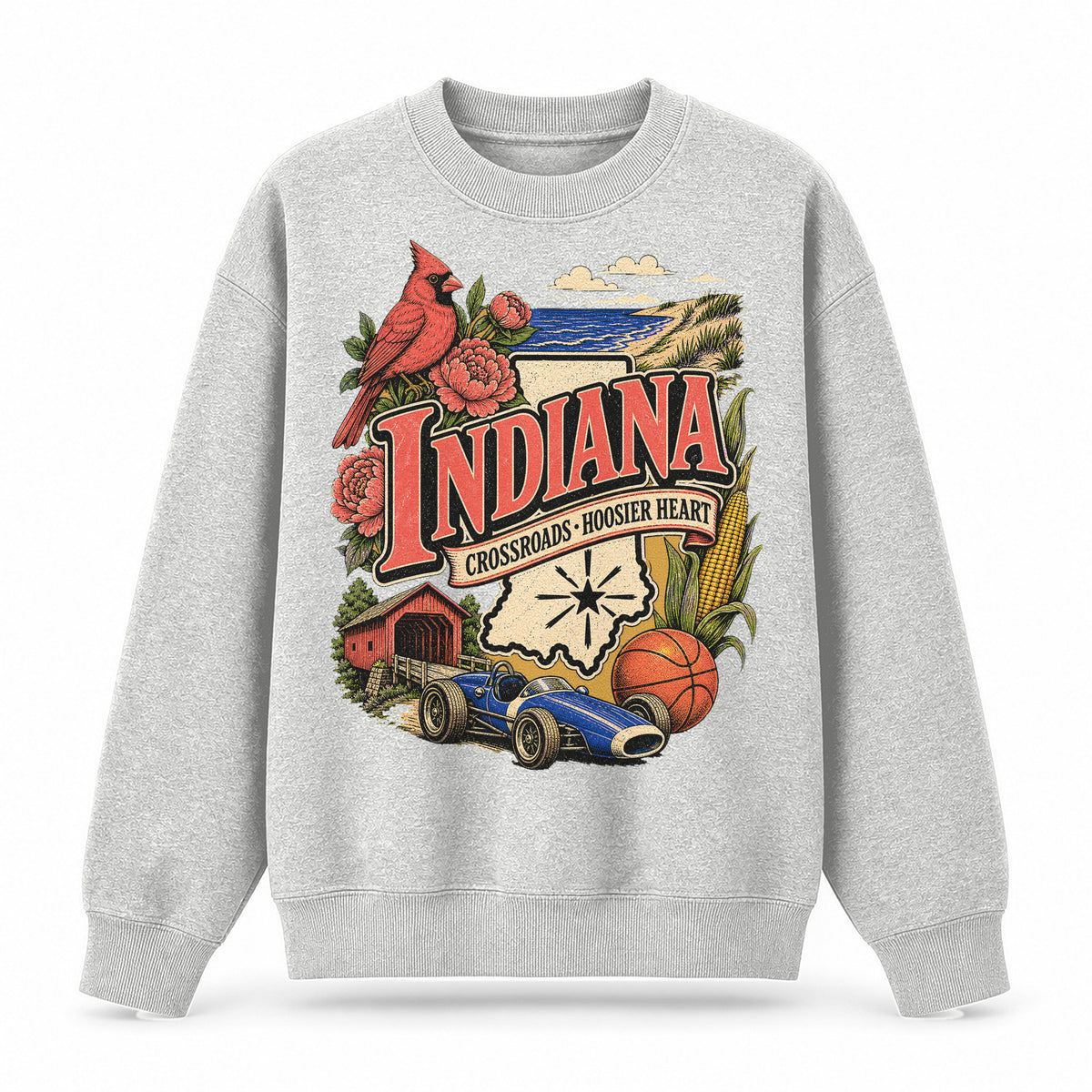 Colorful Indiana State Collage Crewneck Sweatshirt in Light Gray, front view on a white background