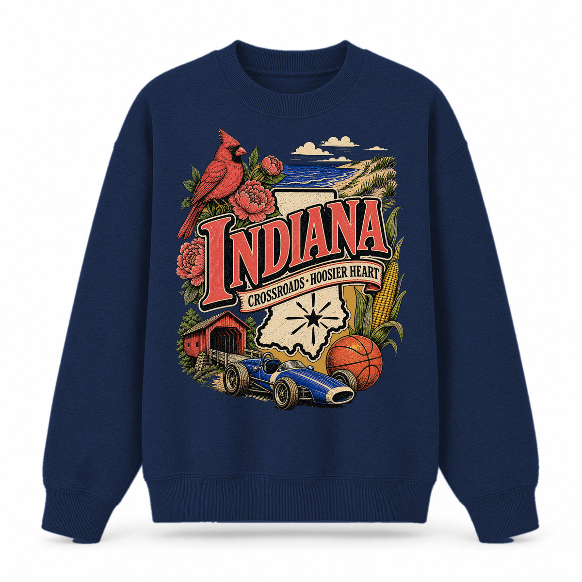 Colorful Indiana State Collage Crewneck Sweatshirt in Navy, front view on a white background