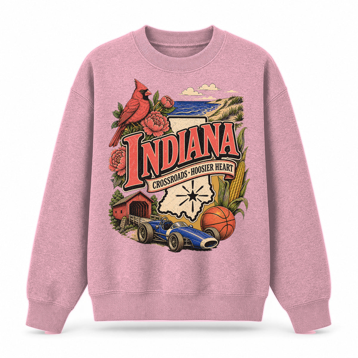Colorful Indiana State Collage Crewneck Sweatshirt in Pink, front view on a white background