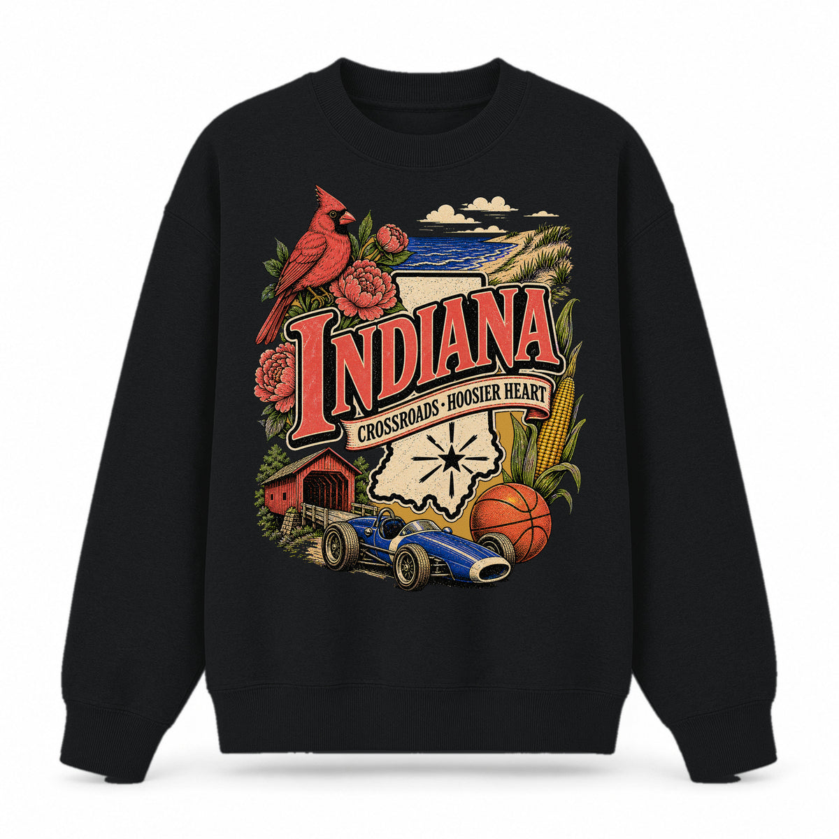 Colorful Indiana State Collage Crewneck Sweatshirt in Black, front view on a white background