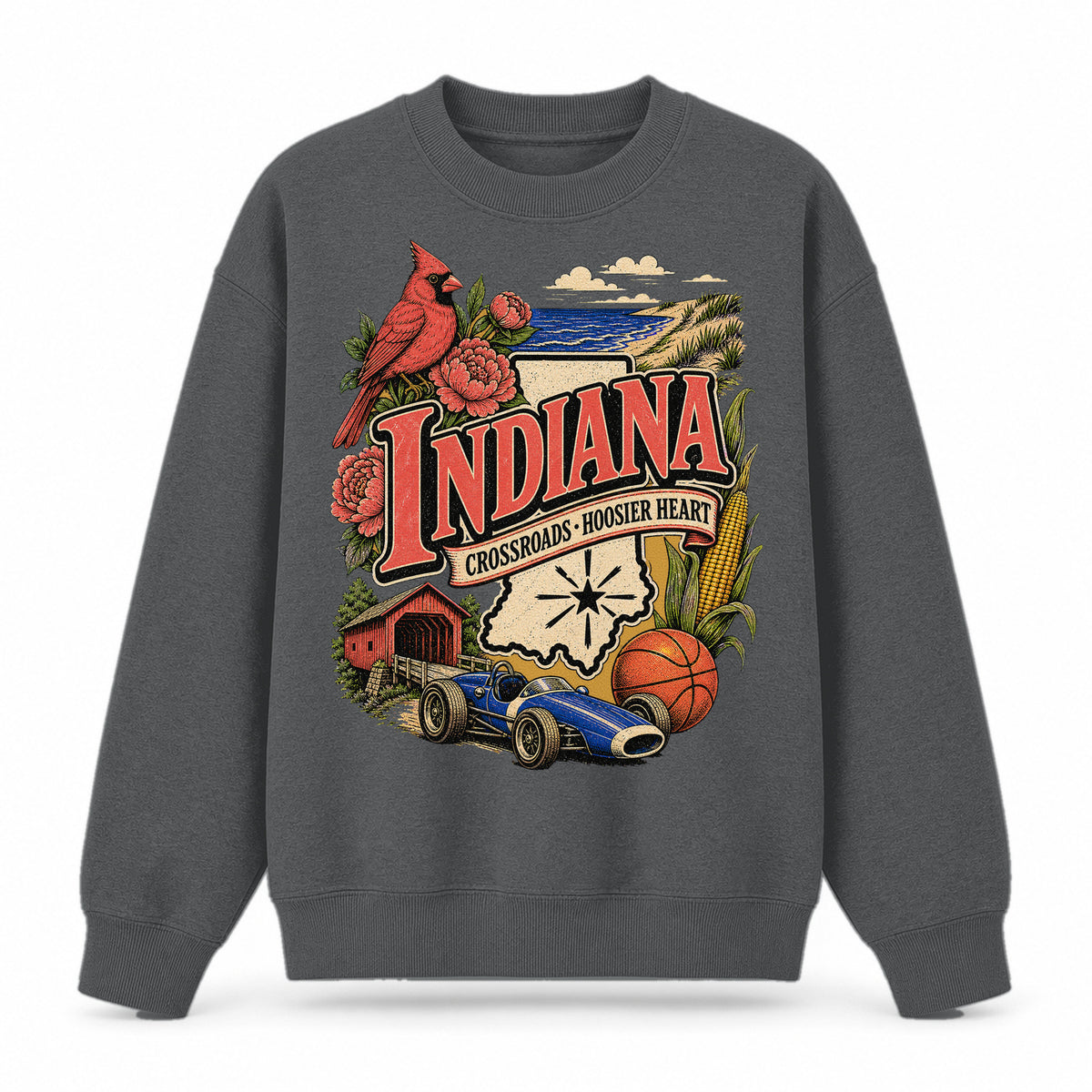 Colorful Indiana State Collage Crewneck Sweatshirt in Dark Gray, front view on a white background