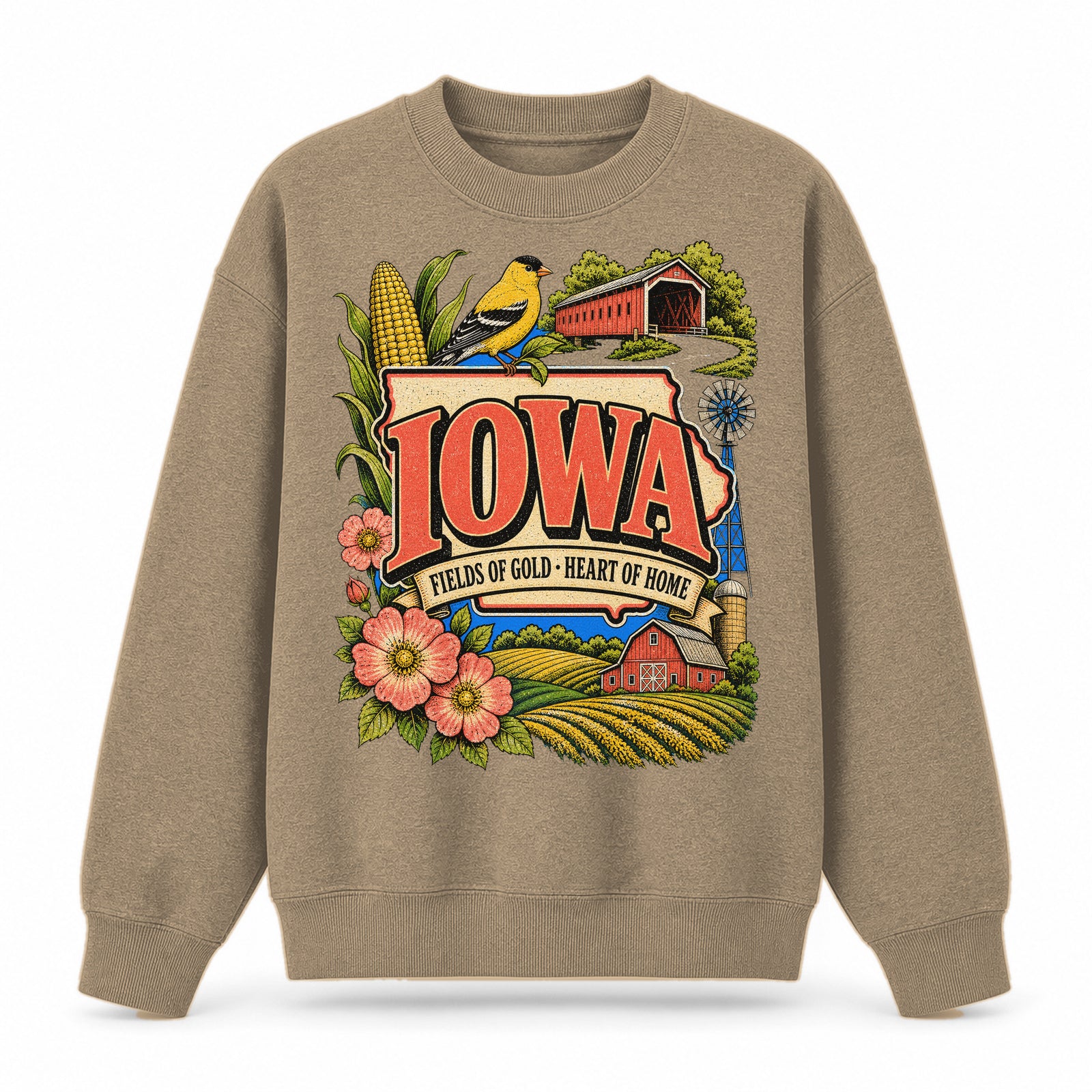 Colorful Iowa State Collage Crewneck Sweatshirt in Khaki, front view on a white background