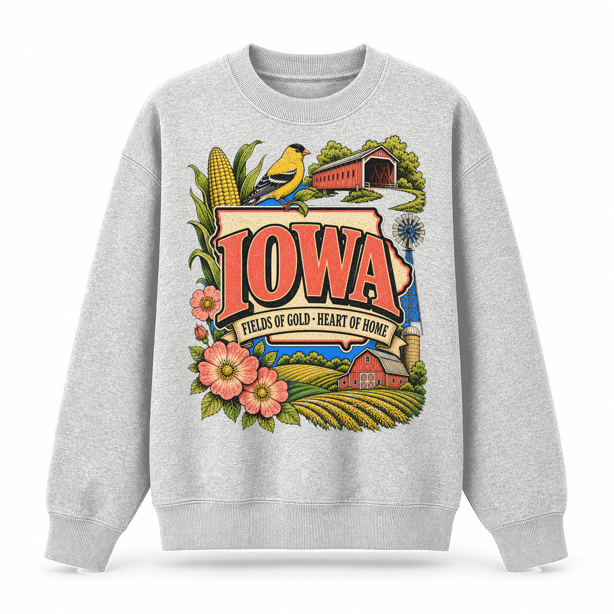Colorful Iowa State Collage Crewneck Sweatshirt in Light Gray, front view on a white background