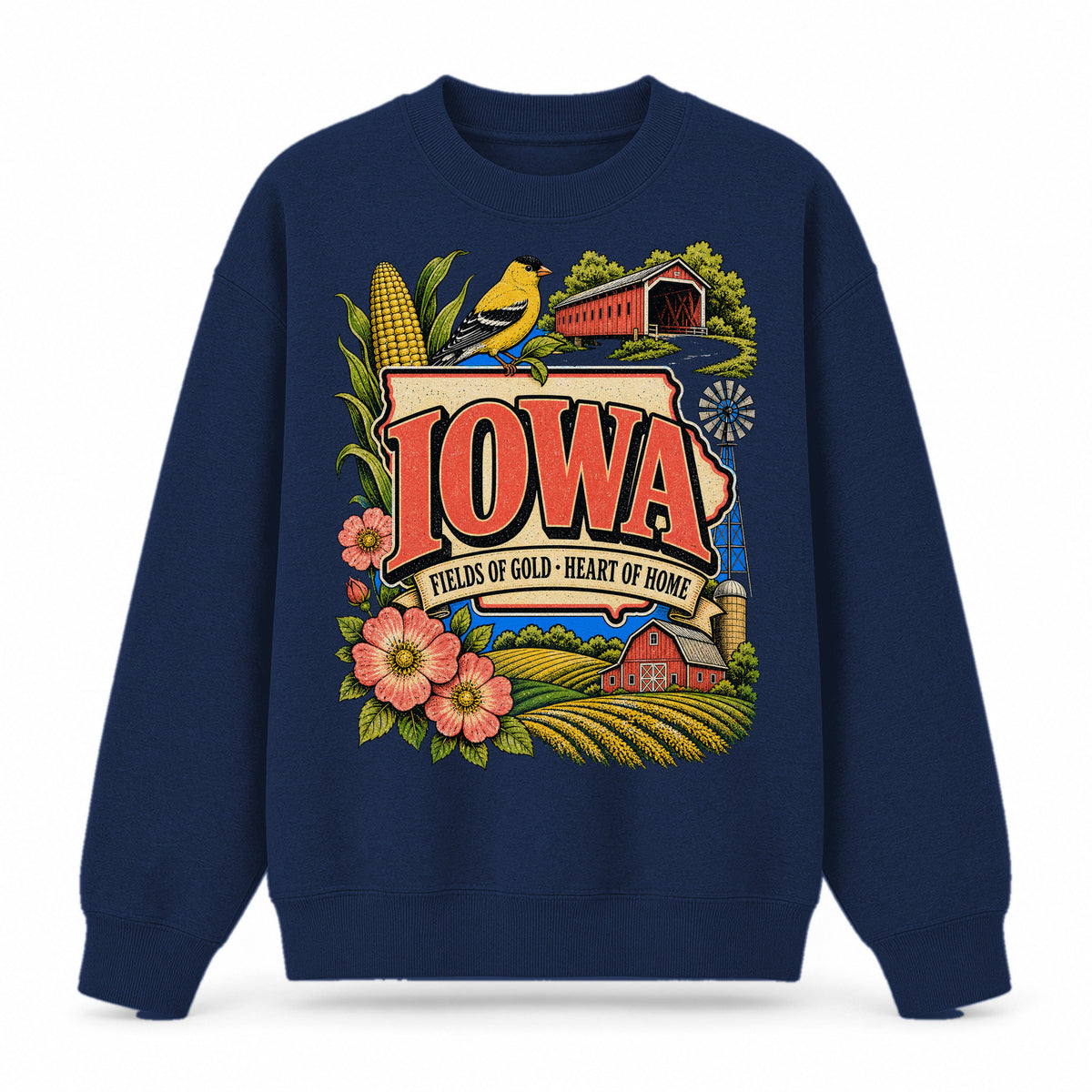 Colorful Iowa State Collage Crewneck Sweatshirt in Navy, front view on a white background