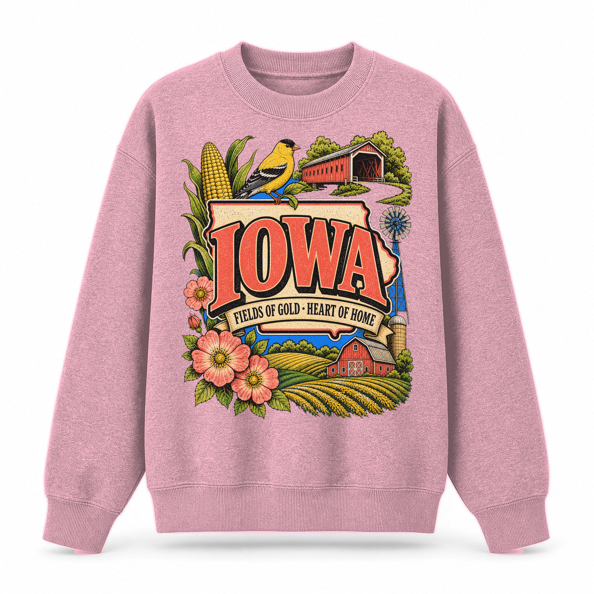 Colorful Iowa State Collage Crewneck Sweatshirt in Pink, front view on a white background