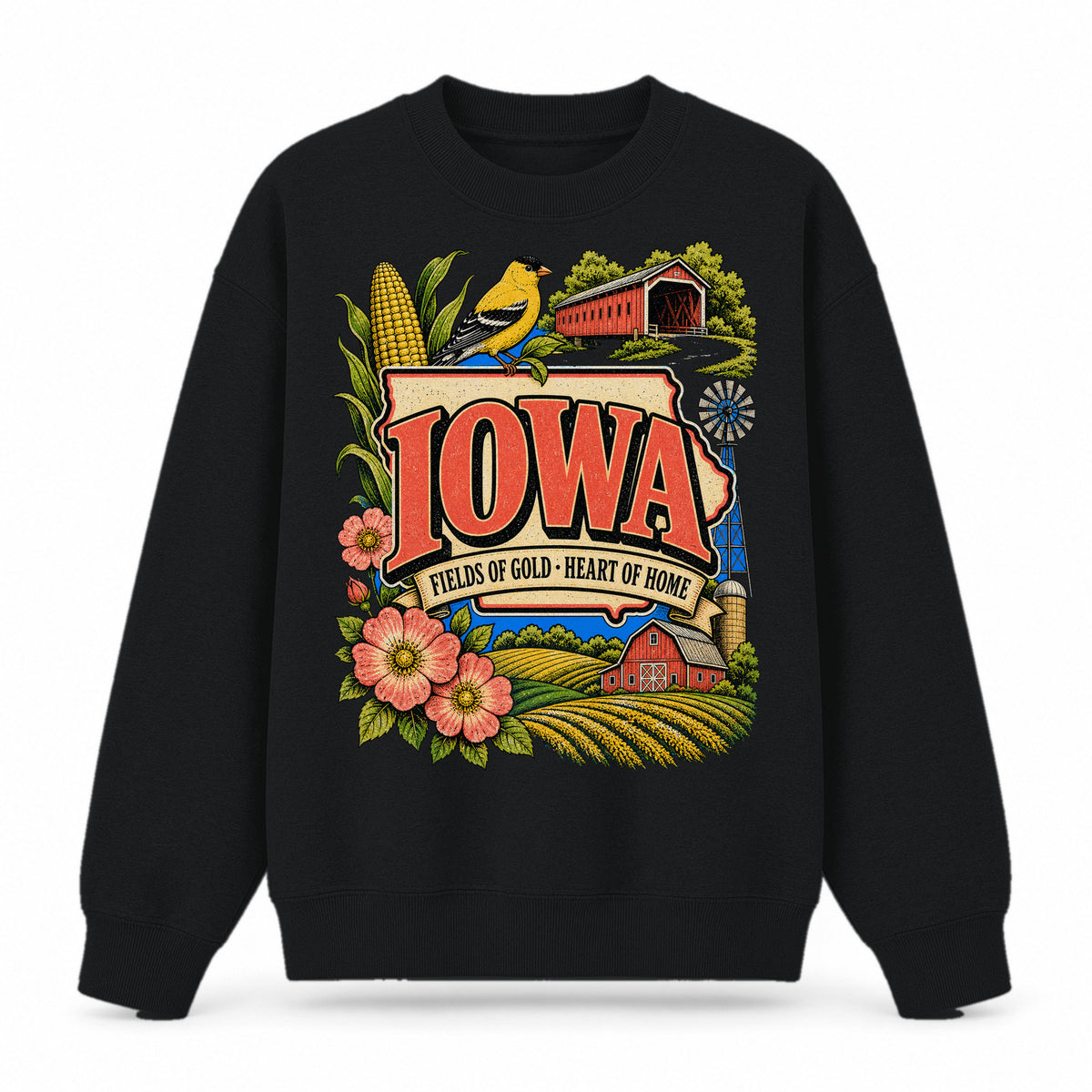 Colorful Iowa State Collage Crewneck Sweatshirt in Black, front view on a white background