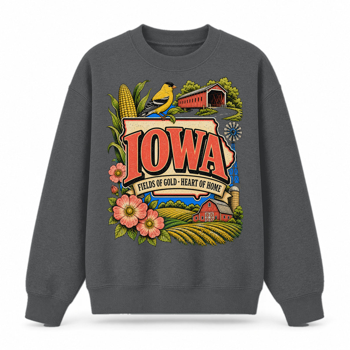 Colorful Iowa State Collage Crewneck Sweatshirt in Dark Gray, front view on a white background