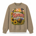 Colorful Kansas State Collage Crewneck Sweatshirt in Khaki, front view on a white background