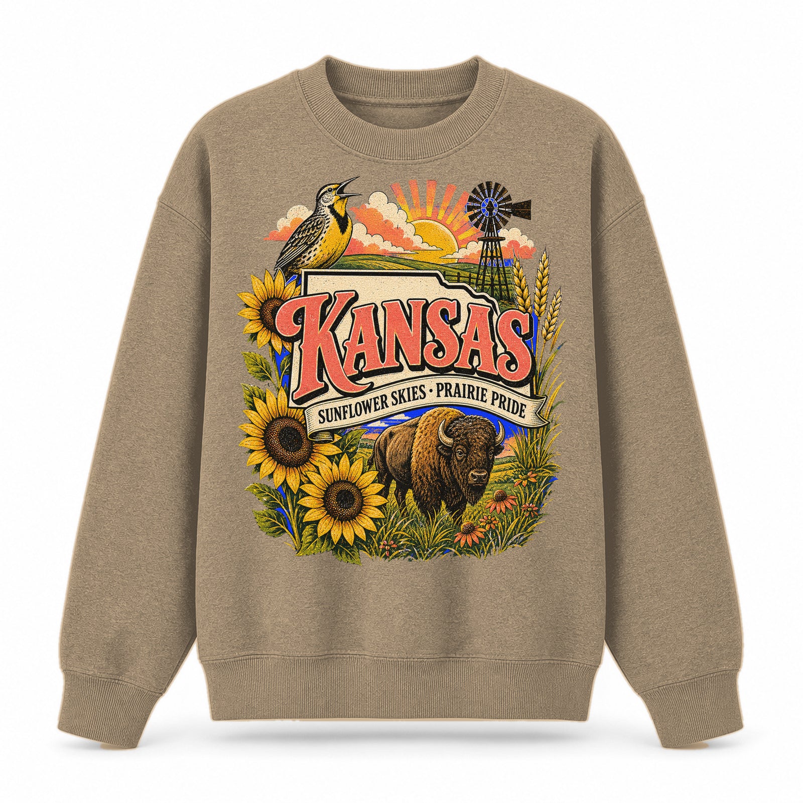 Colorful Kansas State Collage Crewneck Sweatshirt in Khaki, front view on a white background