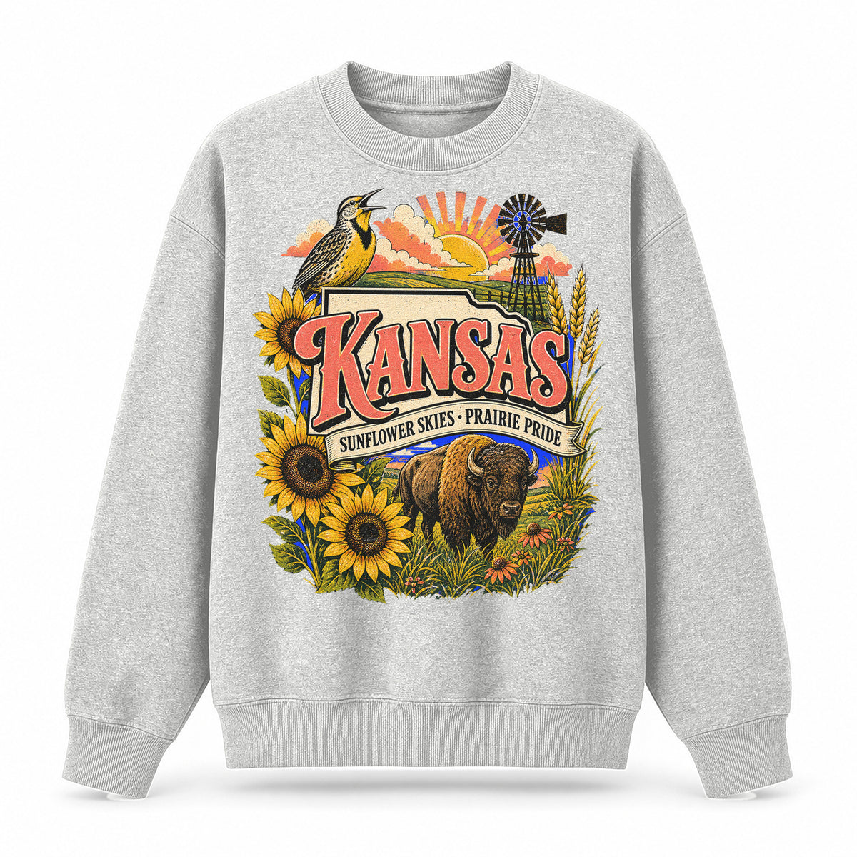 Colorful Kansas State Collage Crewneck Sweatshirt in Light Gray, front view on a white background