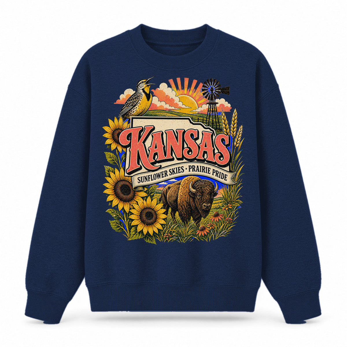 Colorful Kansas State Collage Crewneck Sweatshirt in Navy, front view on a white background