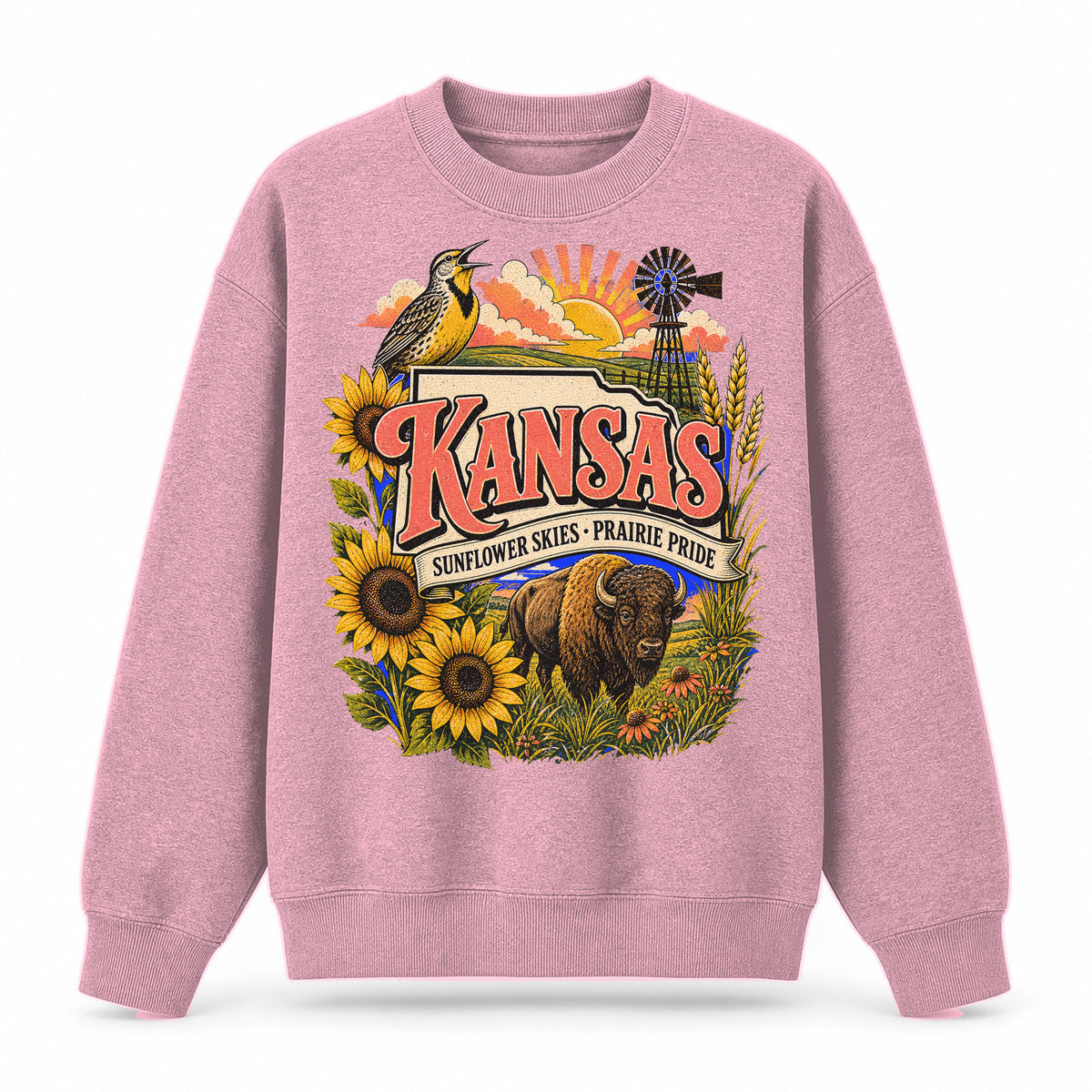 Colorful Kansas State Collage Crewneck Sweatshirt in Pink, front view on a white background