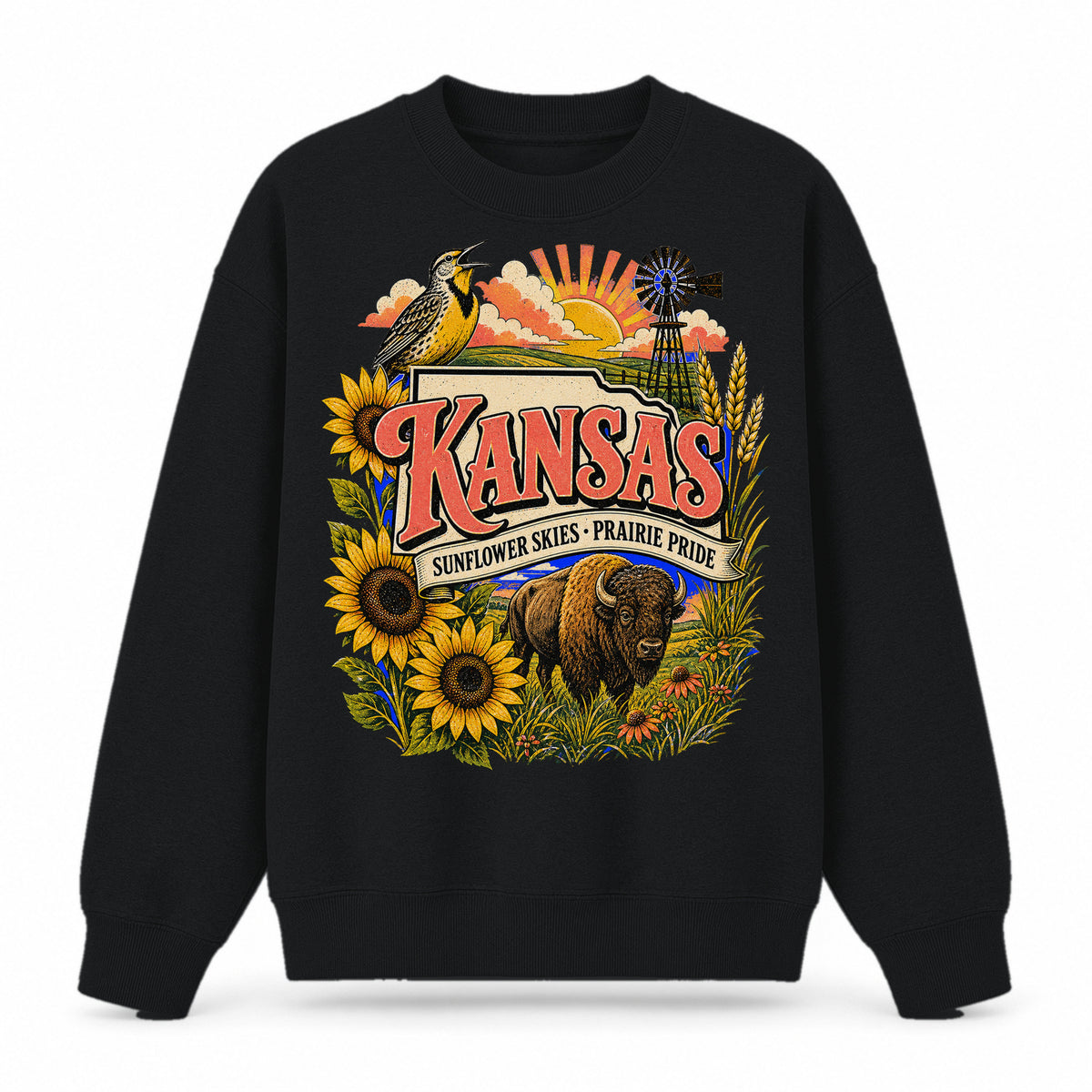 Colorful Kansas State Collage Crewneck Sweatshirt in Black, front view on a white background