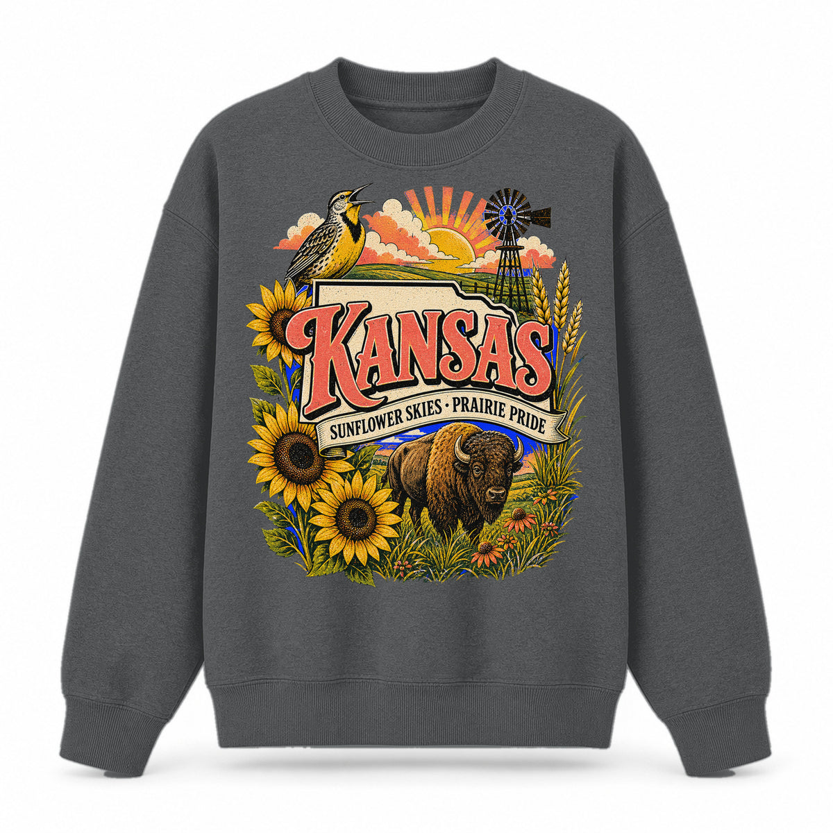 Colorful Kansas State Collage Crewneck Sweatshirt in Dark Gray, front view on a white background