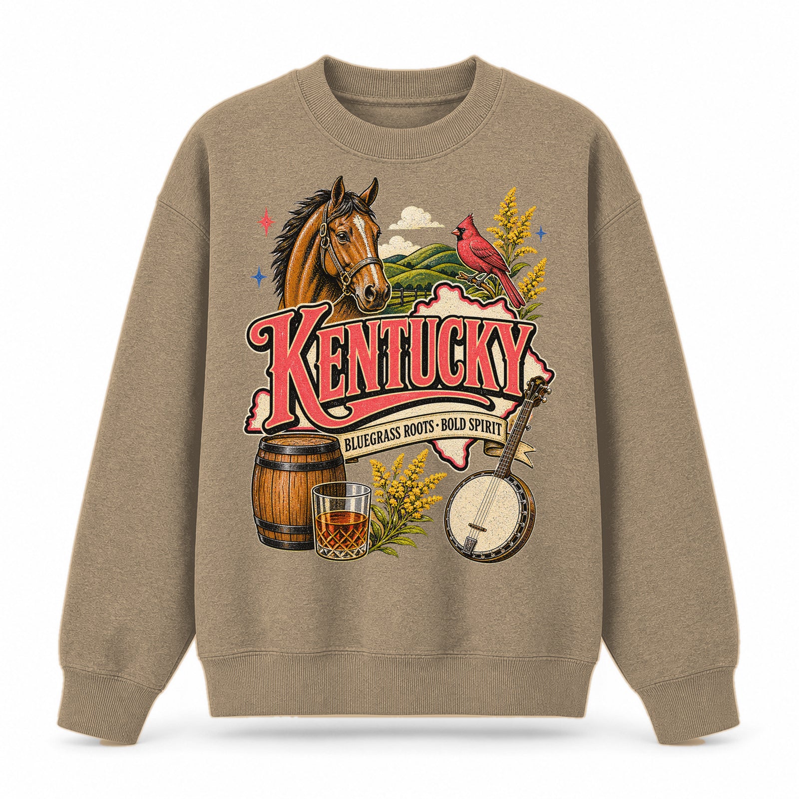 Colorful Kentucky State Collage Crewneck Sweatshirt in Khaki, front view on a white background