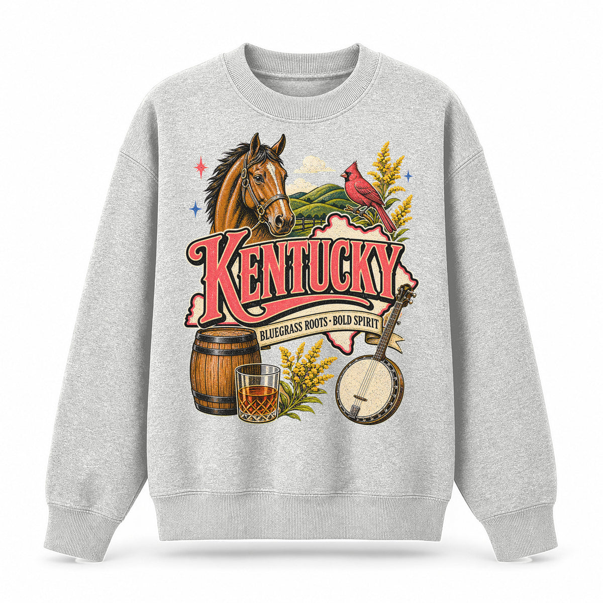 Colorful Kentucky State Collage Crewneck Sweatshirt in Light Gray, front view on a white background