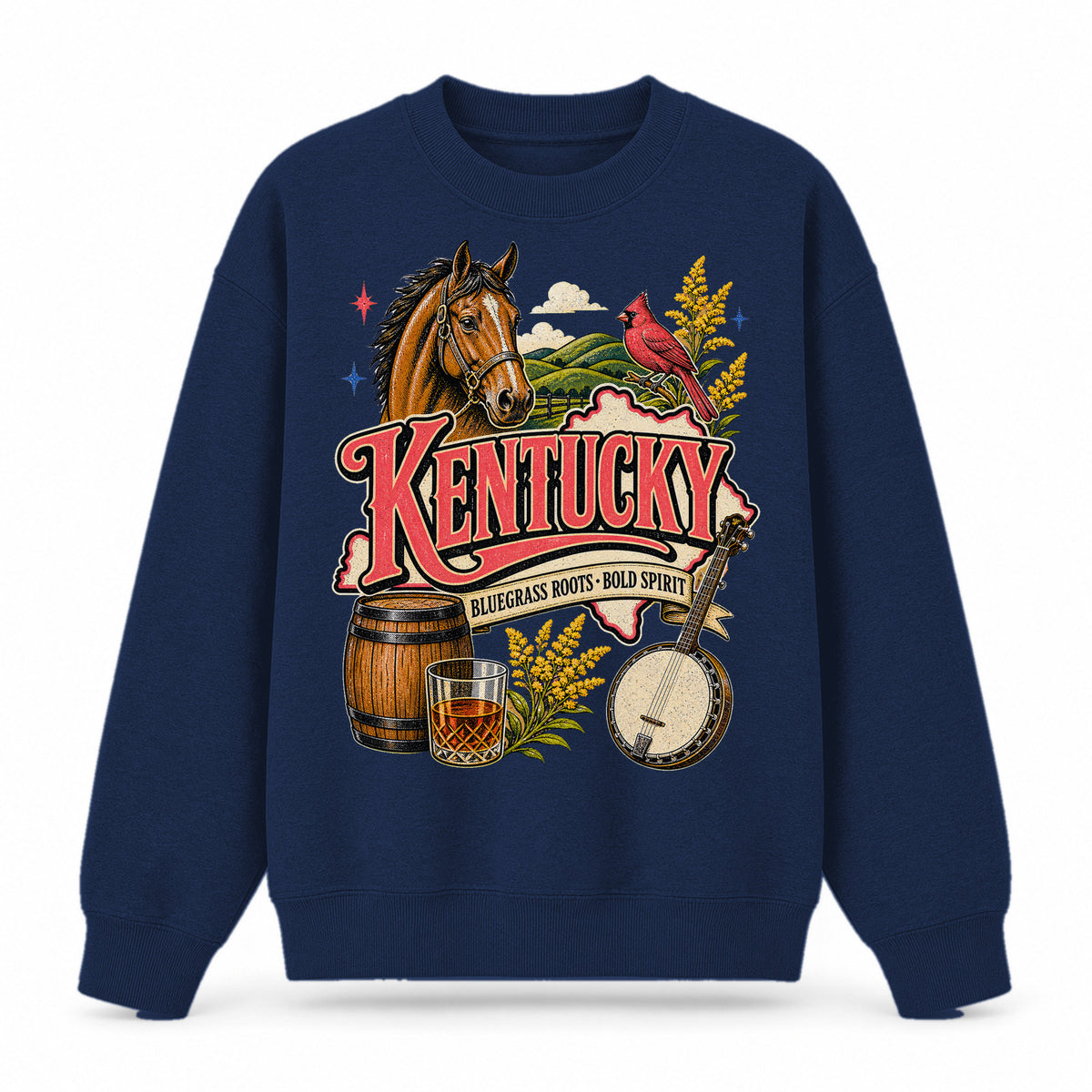 Colorful Kentucky State Collage Crewneck Sweatshirt in Navy, front view on a white background