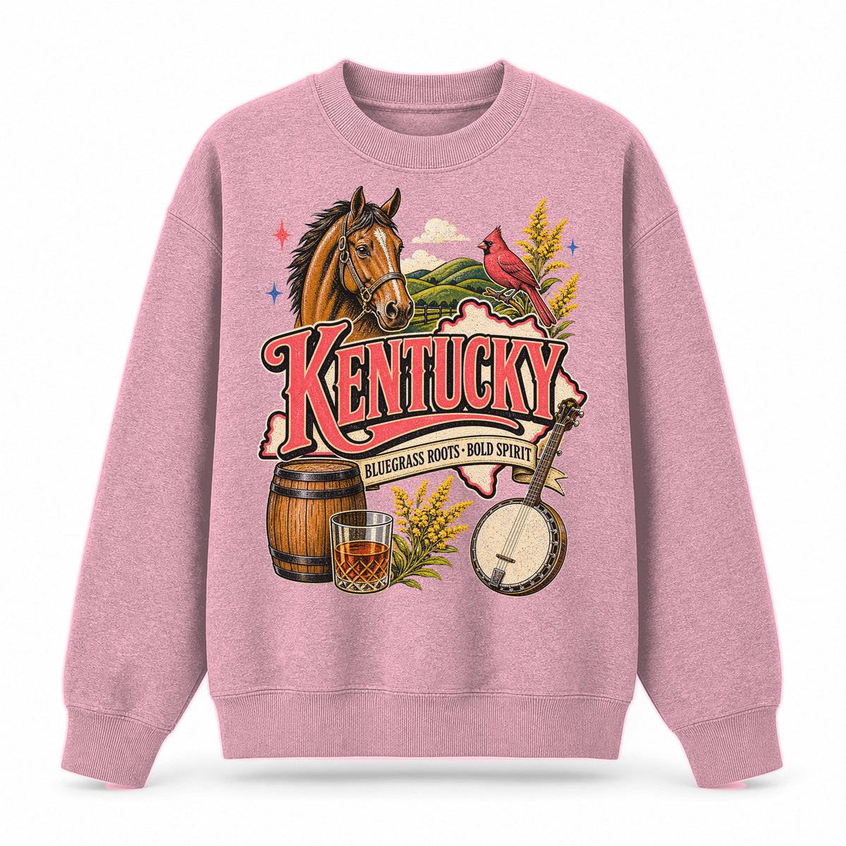 Colorful Kentucky State Collage Crewneck Sweatshirt in Pink, front view on a white background