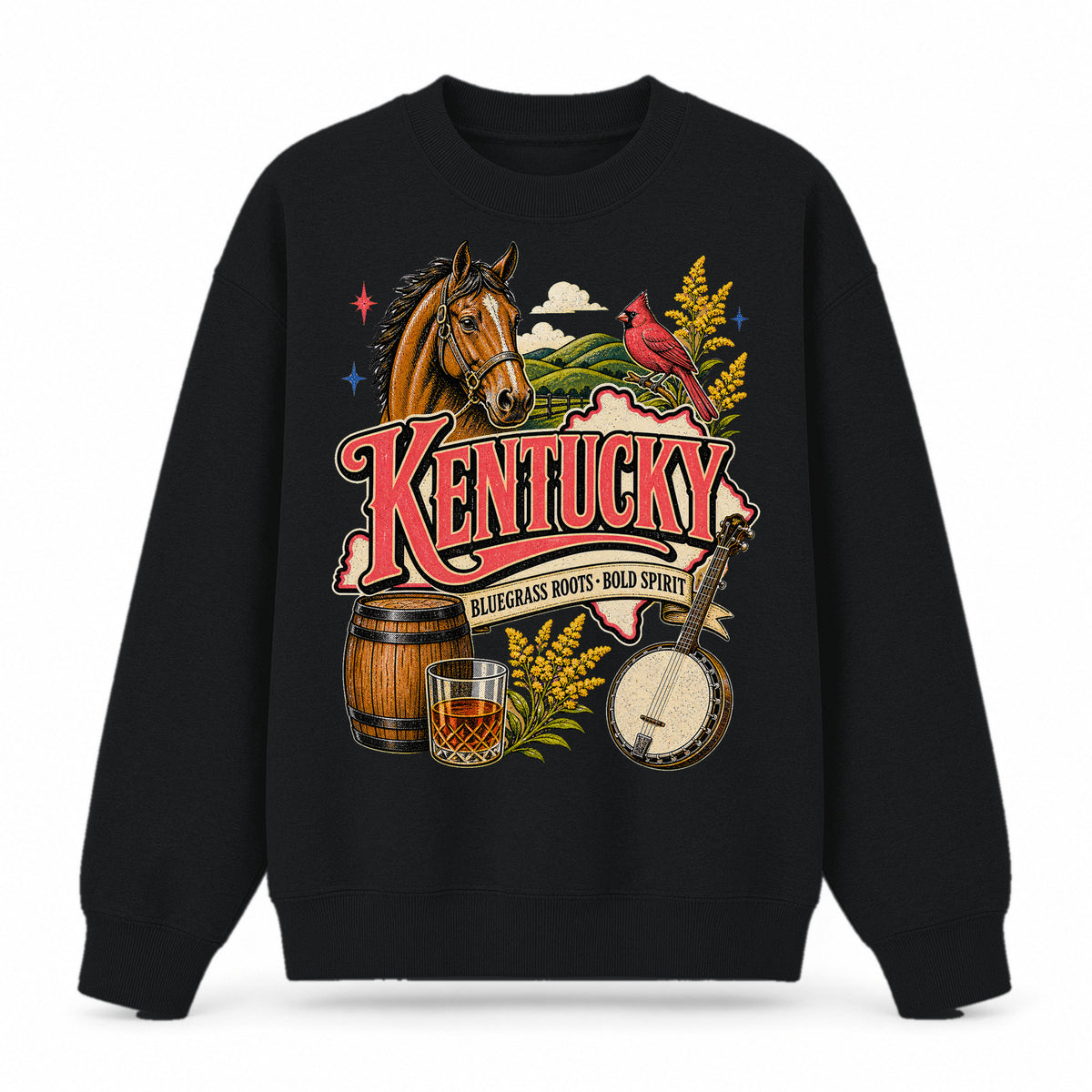 Colorful Kentucky State Collage Crewneck Sweatshirt in Black, front view on a white background