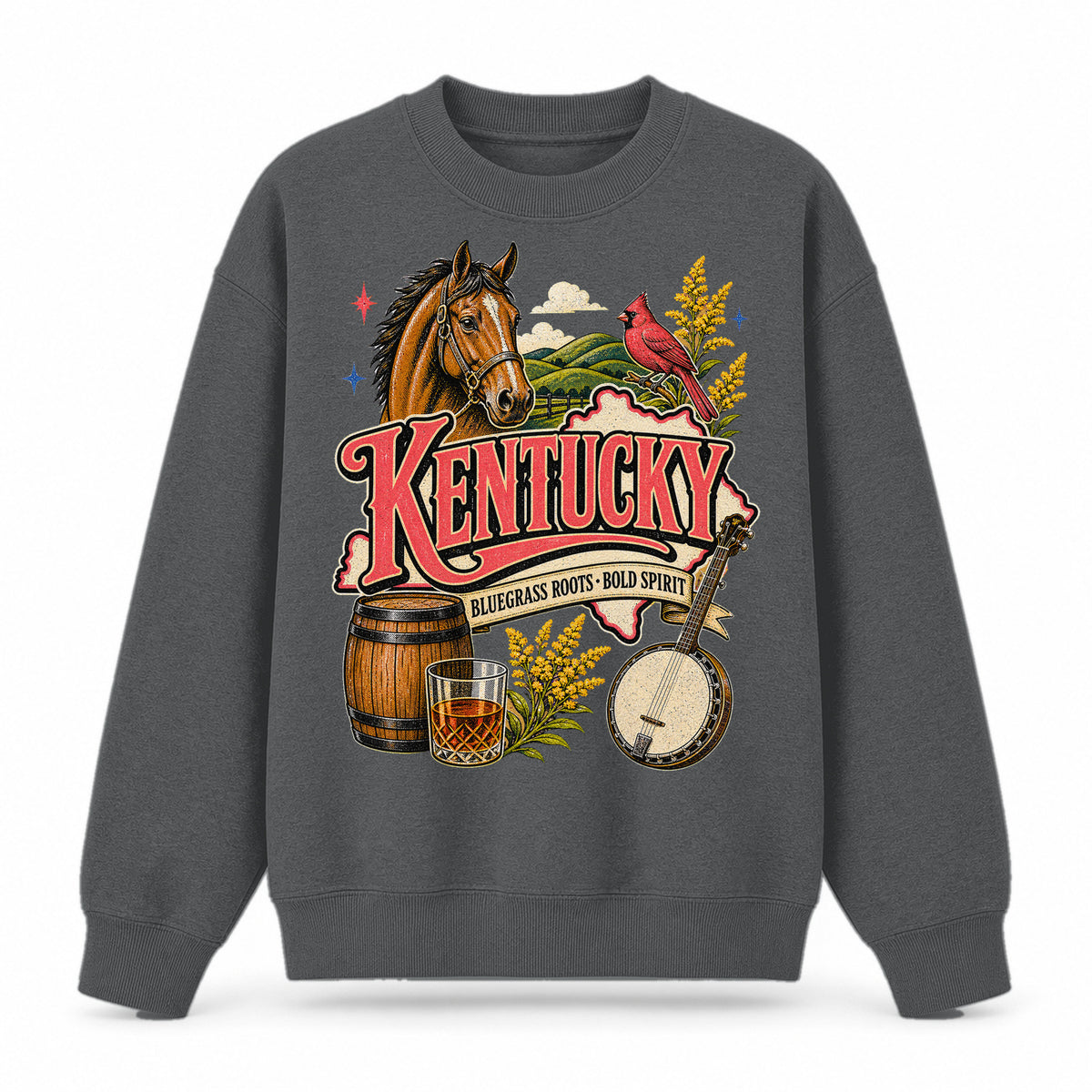 Colorful Kentucky State Collage Crewneck Sweatshirt in Dark Gray, front view on a white background