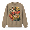 Colorful Louisiana State Collage Crewneck Sweatshirt in Khaki, front view on a white background