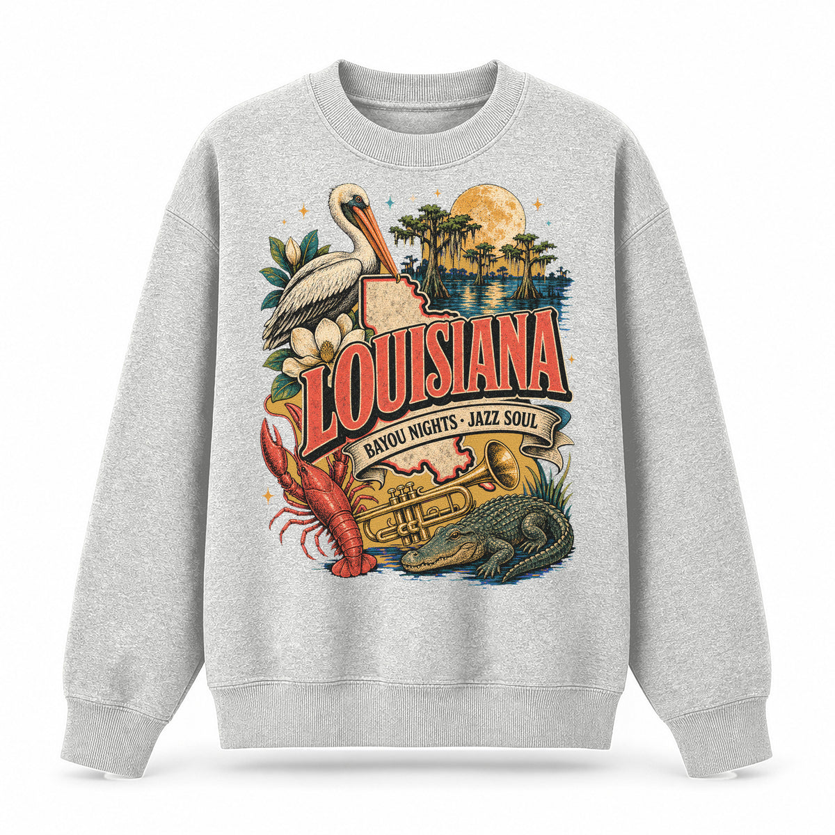 Colorful Louisiana State Collage Crewneck Sweatshirt in Light Gray, front view on a white background