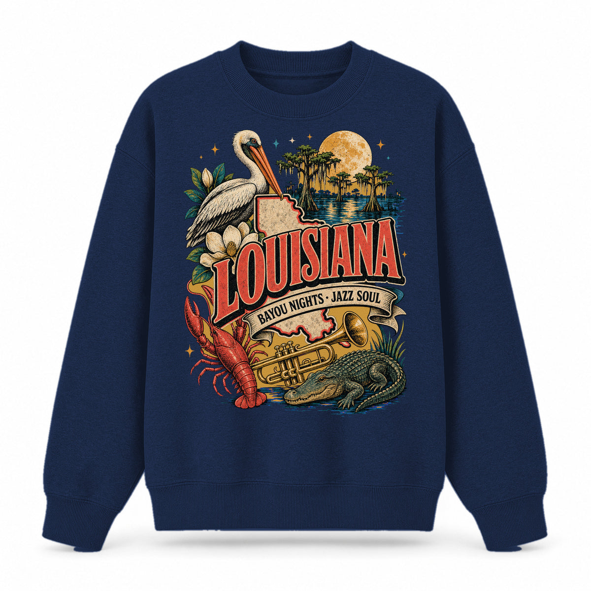 Colorful Louisiana State Collage Crewneck Sweatshirt in Navy, front view on a white background