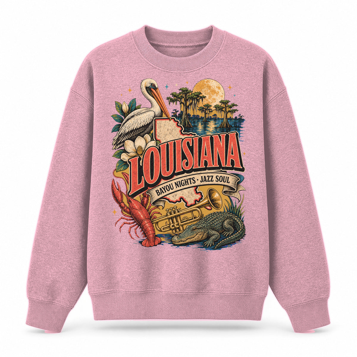Colorful Louisiana State Collage Crewneck Sweatshirt in Pink, front view on a white background