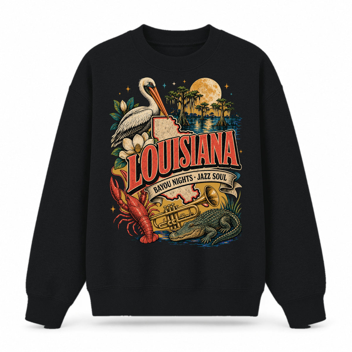 Colorful Louisiana State Collage Crewneck Sweatshirt in Black, front view on a white background