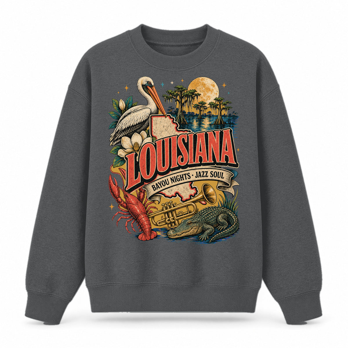 Colorful Louisiana State Collage Crewneck Sweatshirt in Dark Gray, front view on a white background