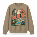 Colorful Maine State Collage Crewneck Sweatshirt in Khaki, front view on a white background