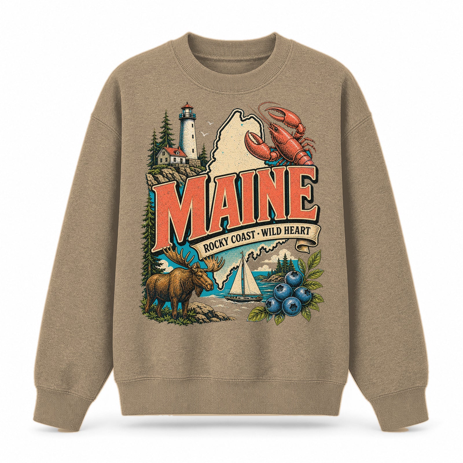 Colorful Maine State Collage Crewneck Sweatshirt in Khaki, front view on a white background