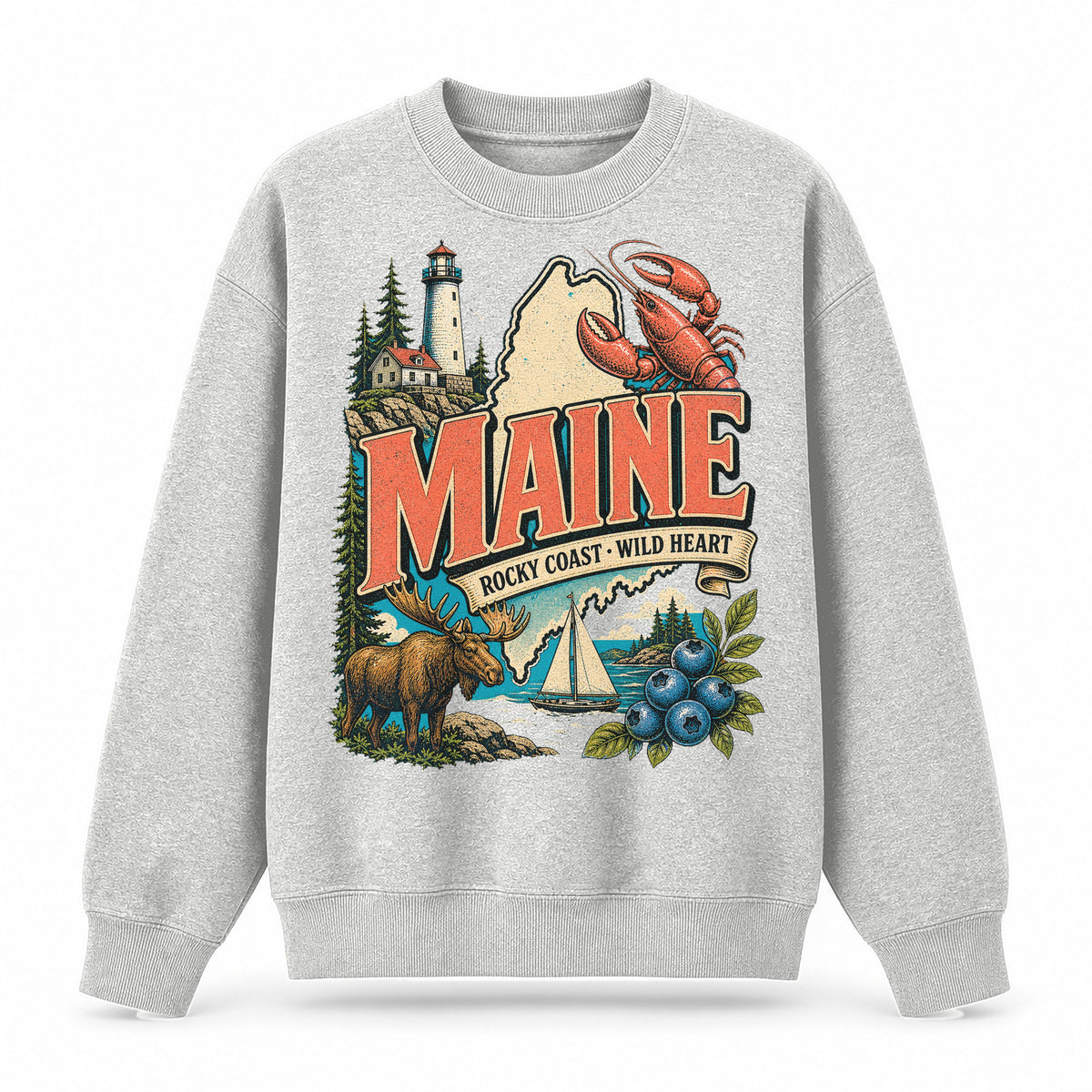 Colorful Maine State Collage Crewneck Sweatshirt in Light Gray, front view on a white background