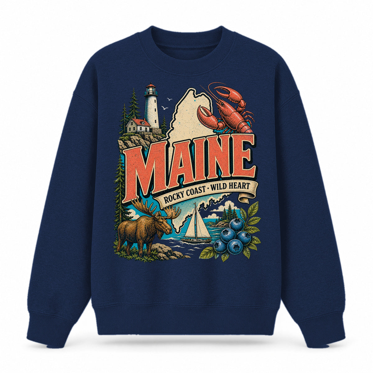 Colorful Maine State Collage Crewneck Sweatshirt in Navy, front view on a white background
