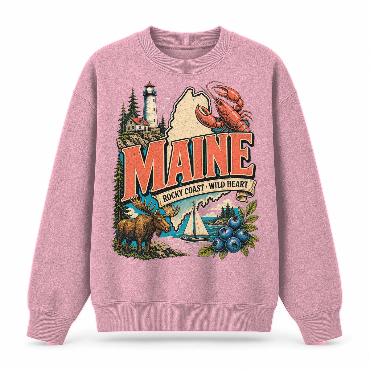Colorful Maine State Collage Crewneck Sweatshirt in Pink, front view on a white background