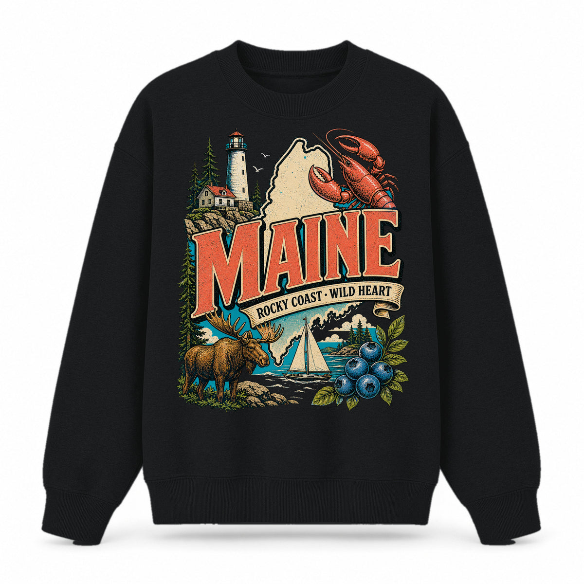 Colorful Maine State Collage Crewneck Sweatshirt in Black, front view on a white background