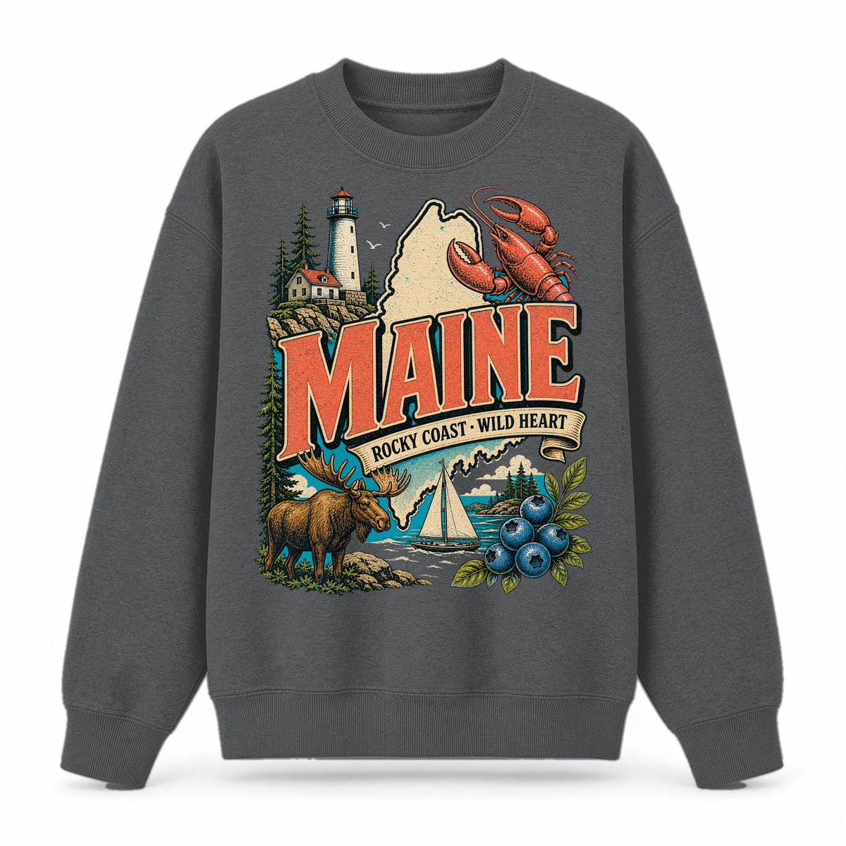 Colorful Maine State Collage Crewneck Sweatshirt in Dark Gray, front view on a white background